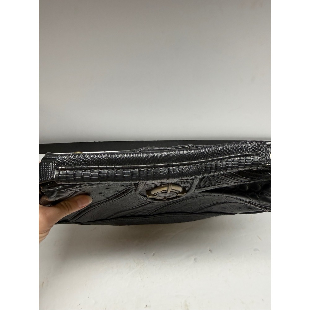 Vintage Black Embossed Patchwork Handbag Crocodile Ostrich Lizard Top Handle Bag - Picture 6 of 15